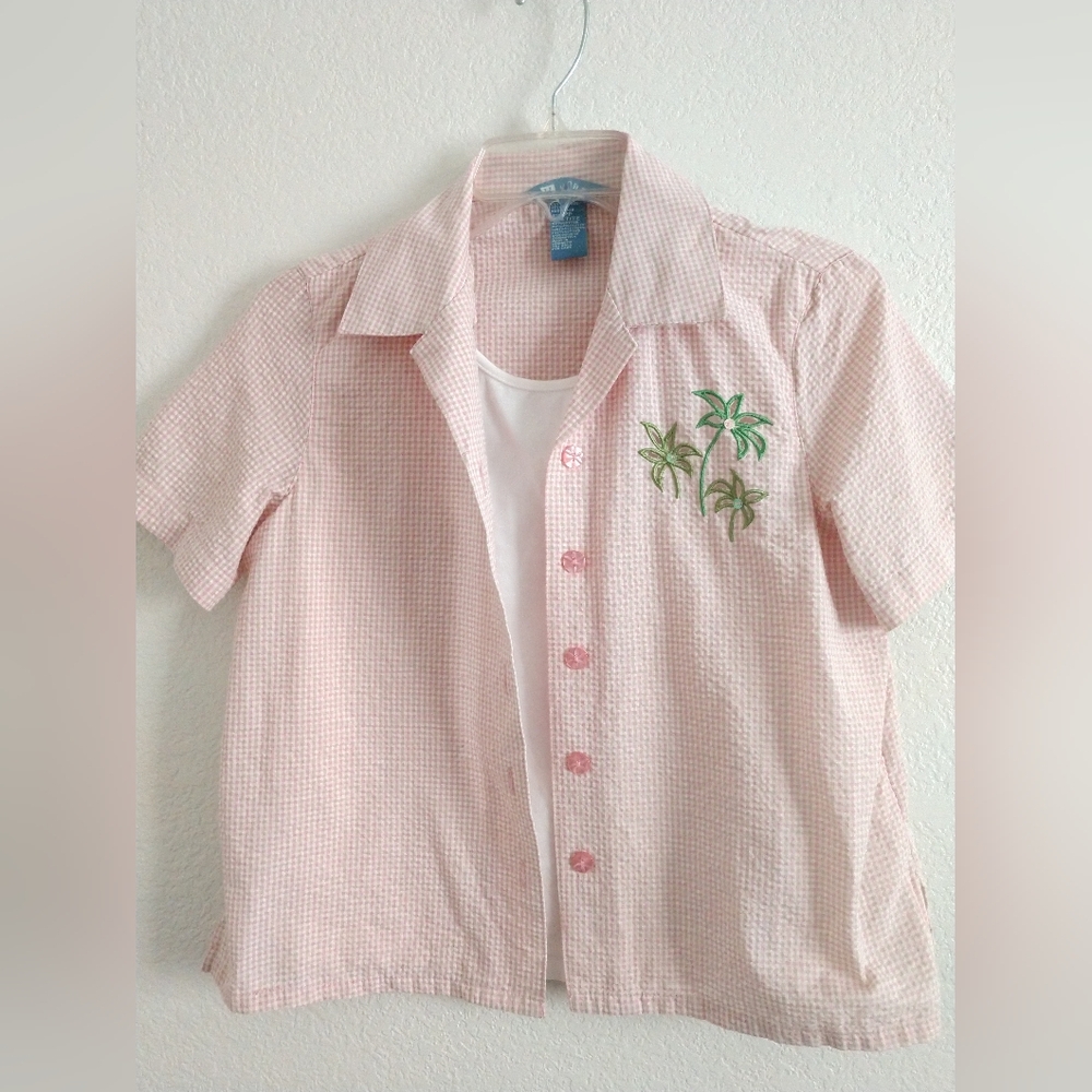 Koret Petite Gingham Short Sleeve Shirt Attached Tank Pink Beige PETITE SMALL